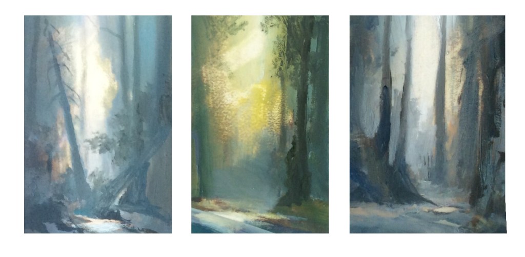 "Fallen Fir", "Morning Light" and "Dark Path", Oil, 9x7cm