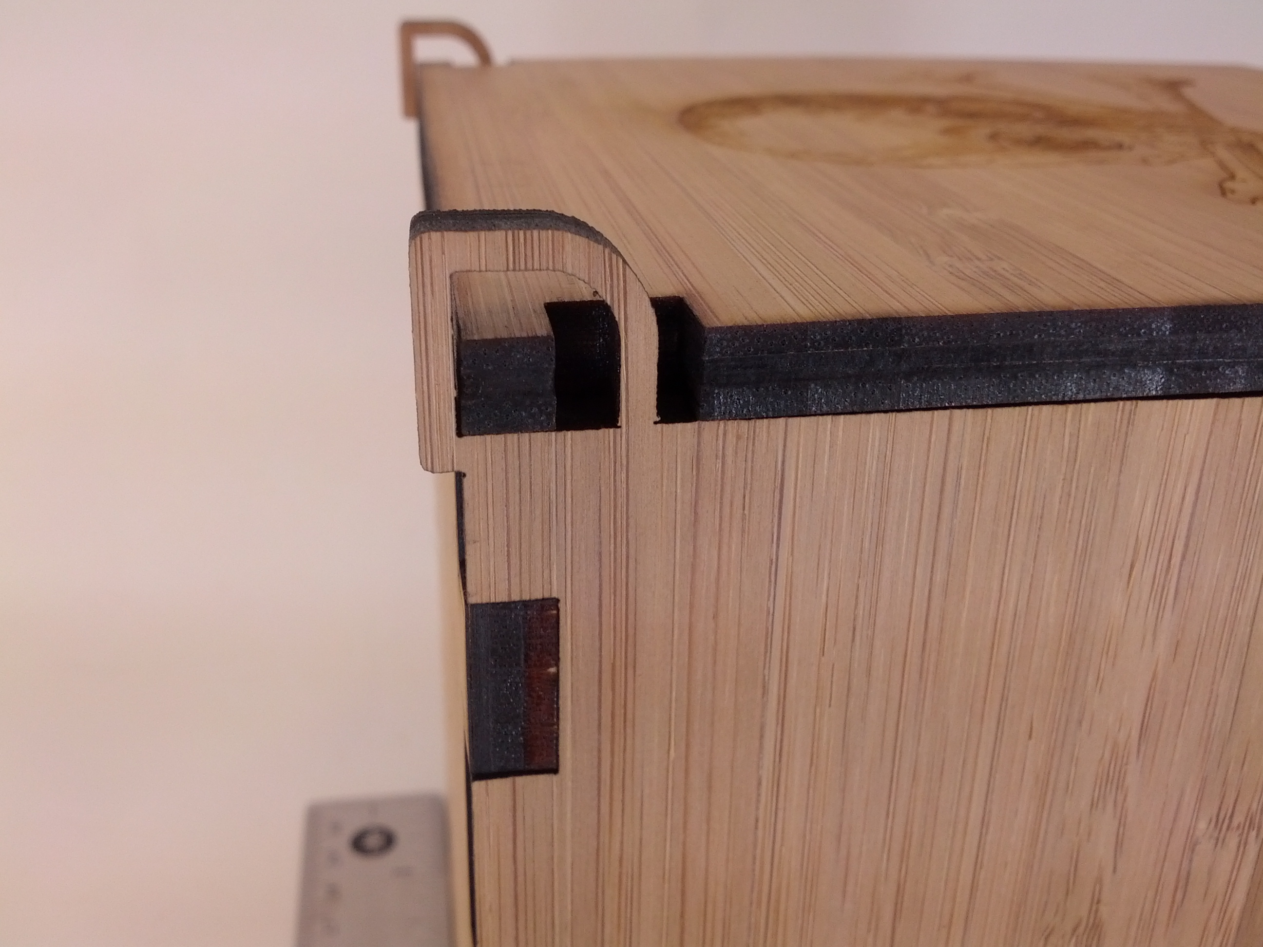 Assembled Laser Cut Wood Box With A Close Up Of The Hinge Misadventures In Software