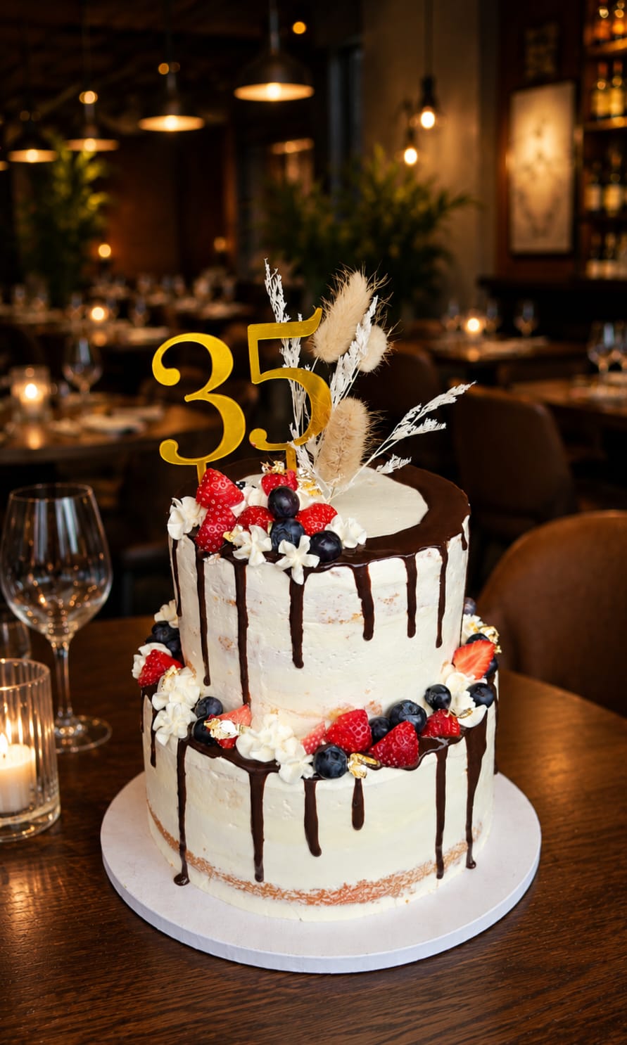 Stapeltaart met vers fruit en bloemen