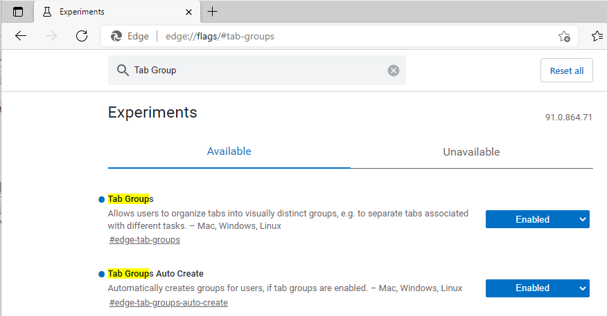 Tab Groups in MS Edge Chromium flags enabled