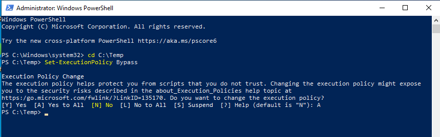 Setting the PowerShell execution policy to Bypass
