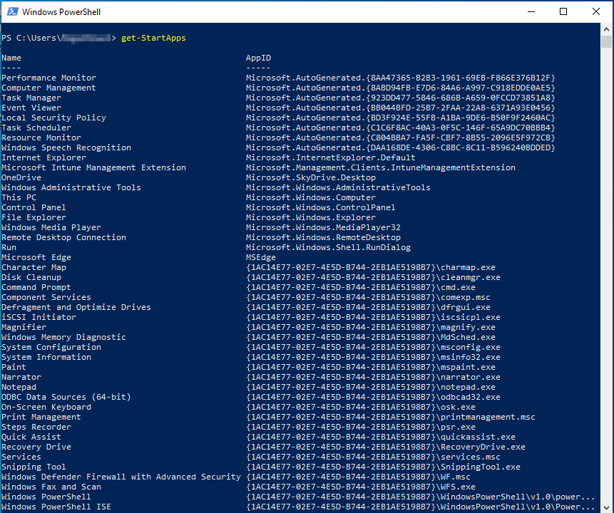 PowerShell get-StartApps output showing the AUMID