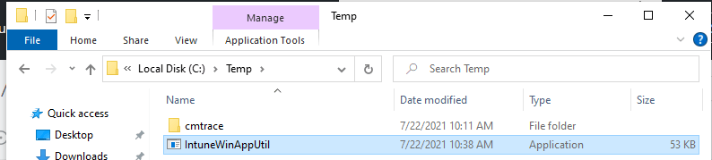 Windows temp folder containing IntuneWinAppUtil in File Explorer