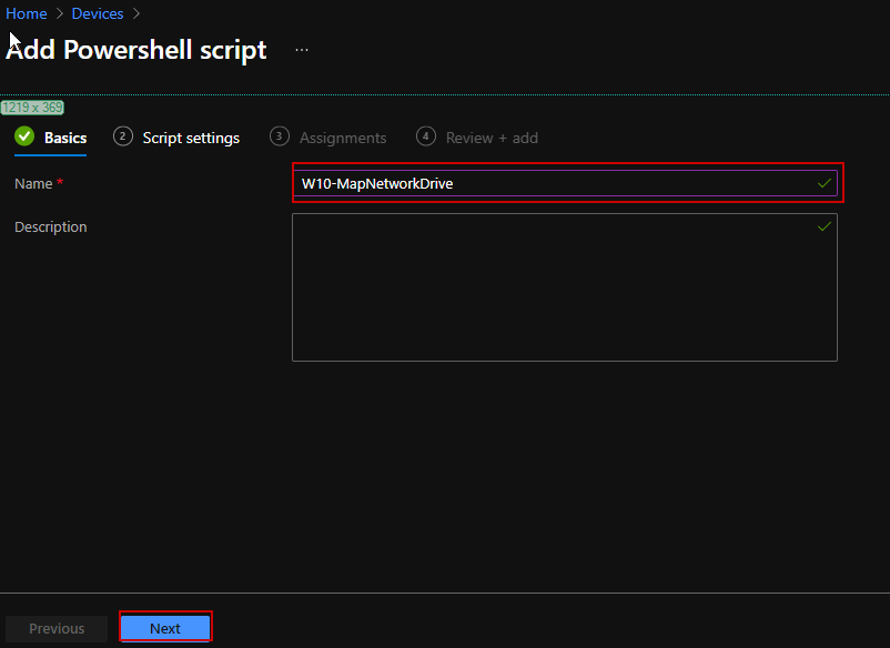Add the PowerShell script to map a network drive with Intune