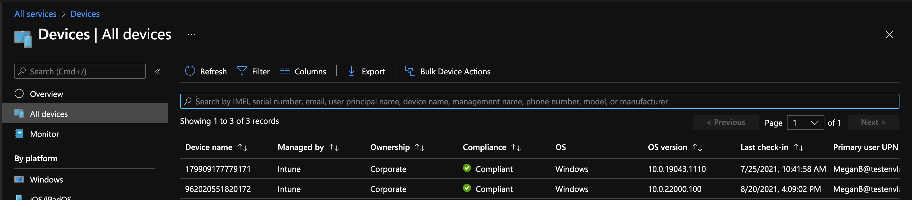 Microsoft Intune all devices management screen