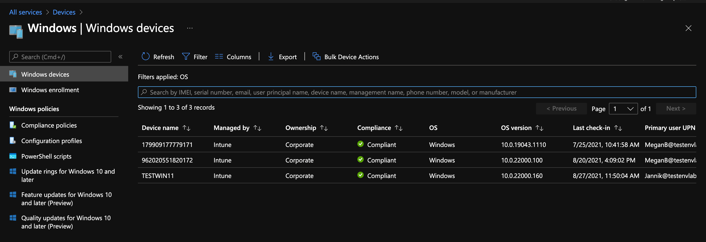 Microsoft Intune Windows devices list in Endpoint Manager