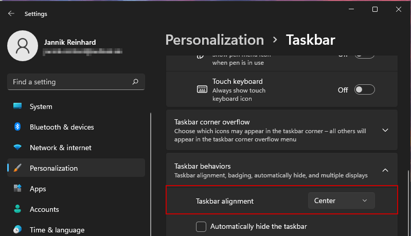 align the Windows 11 taskbar left using Intune