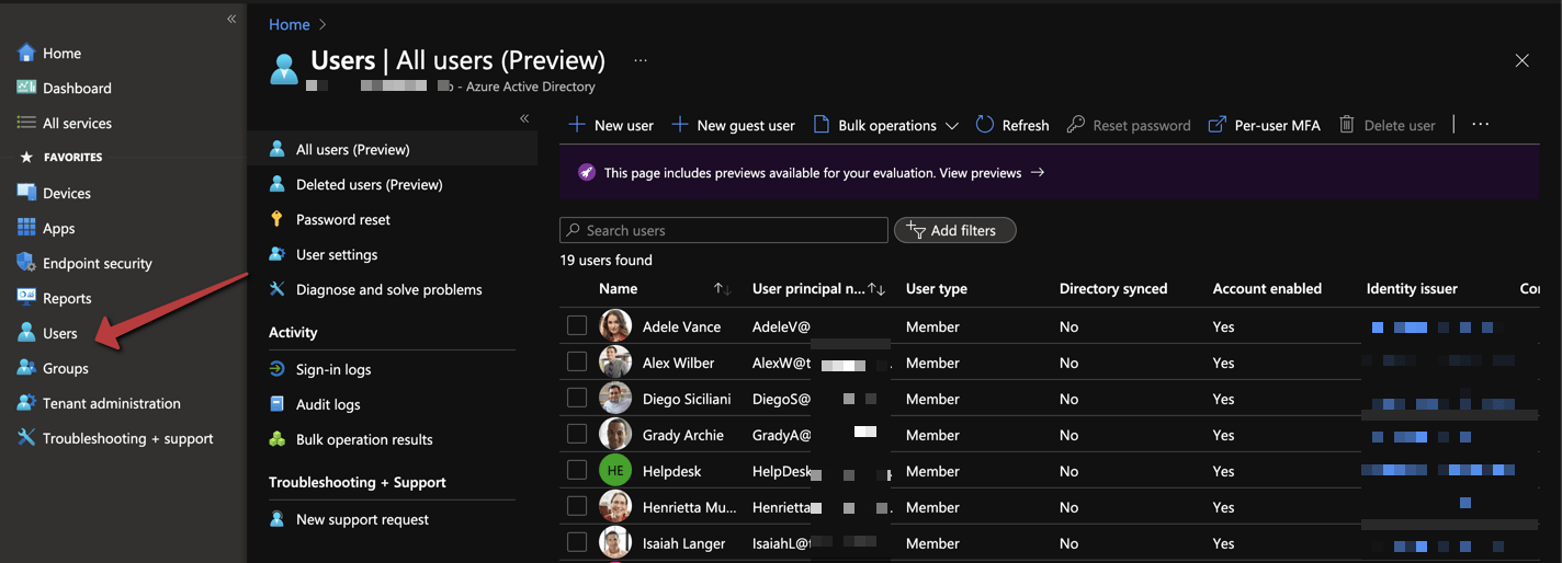 Microsoft Intune Users and Groups menu