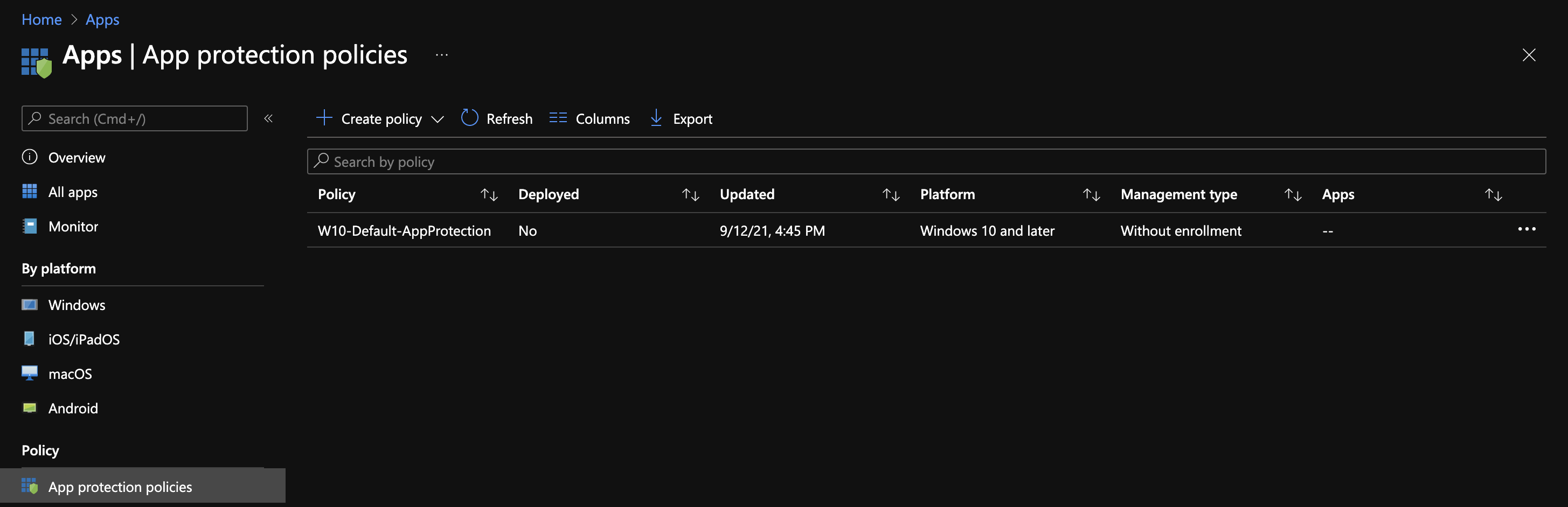 Microsoft Endpoint Manager applications management dashboard
