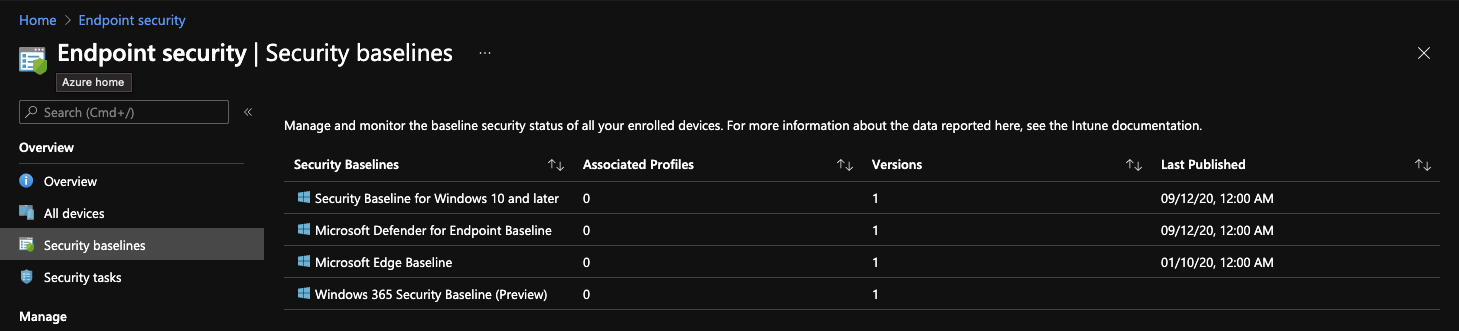 Microsoft Endpoint Manager endpoint security overview page