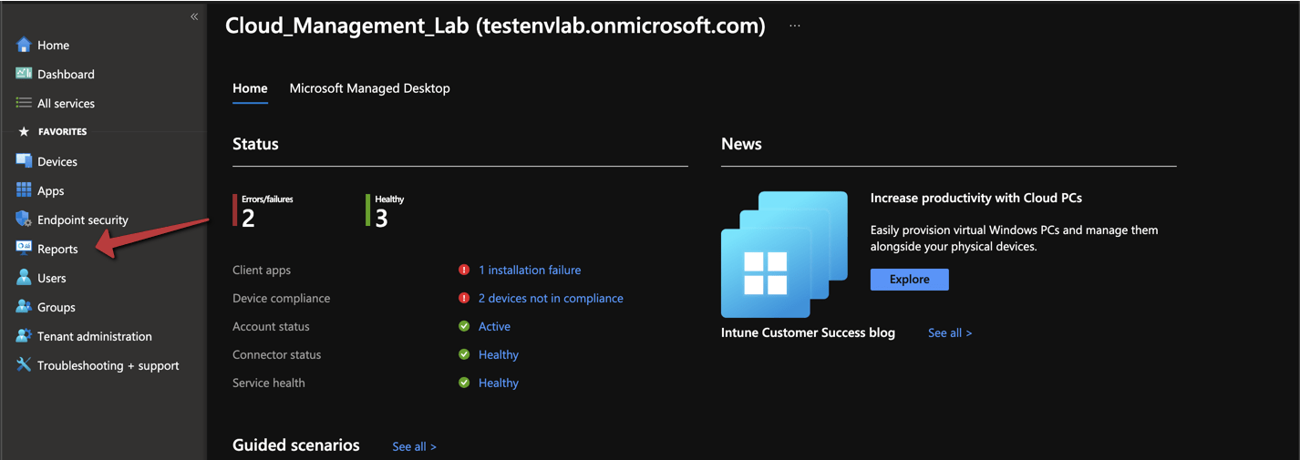 Microsoft Endpoint Manager reports dashboard overview
