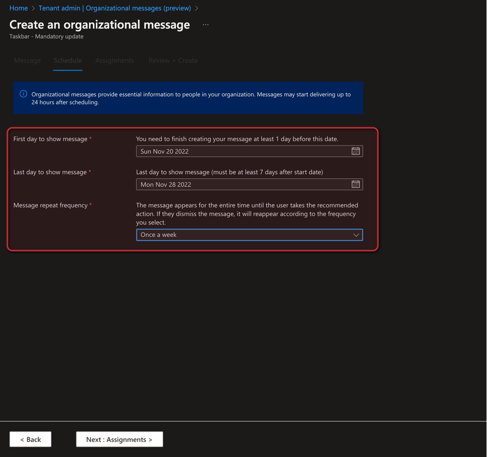 How to setup Organizational messages