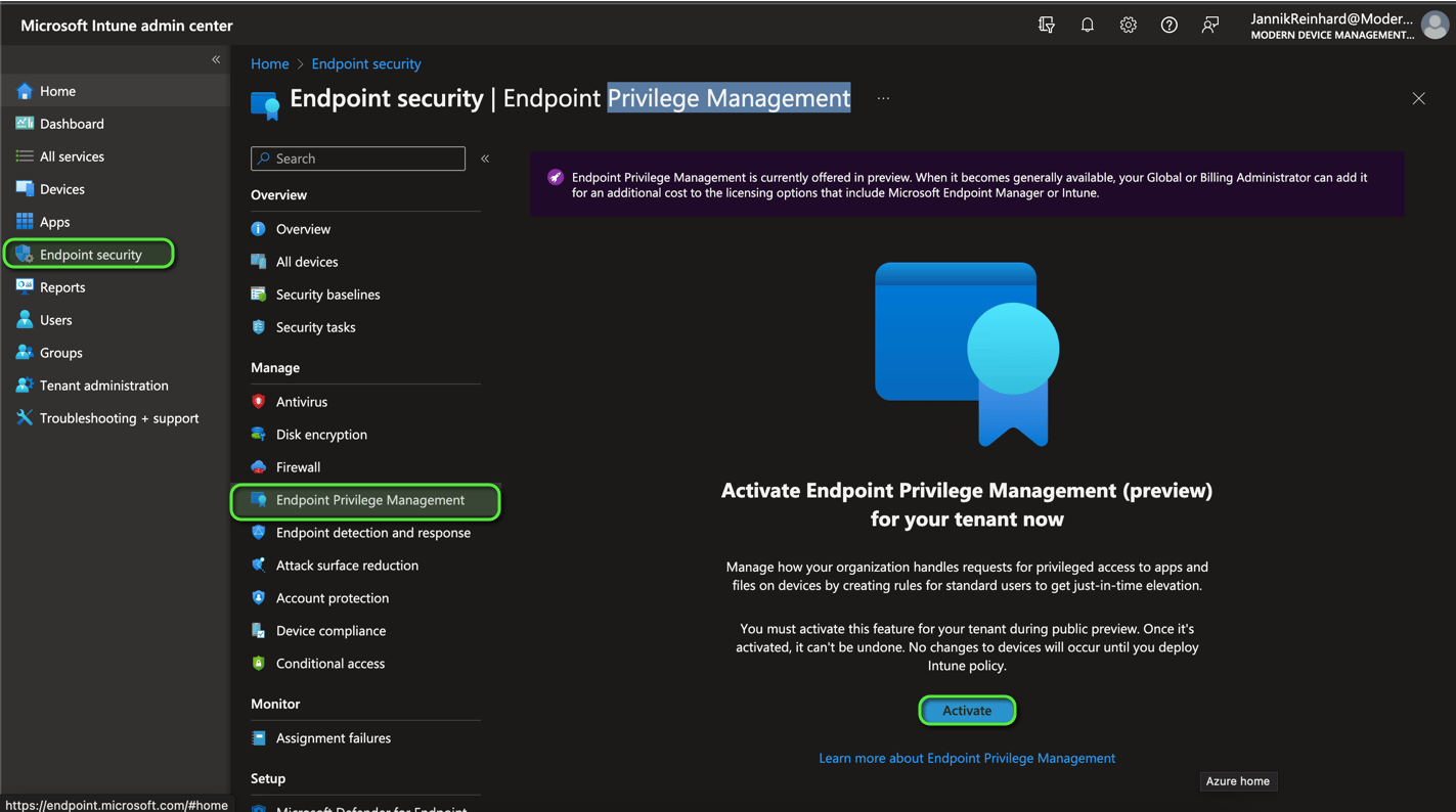 Microsoft Intune Endpoint Privilege Management setup screen