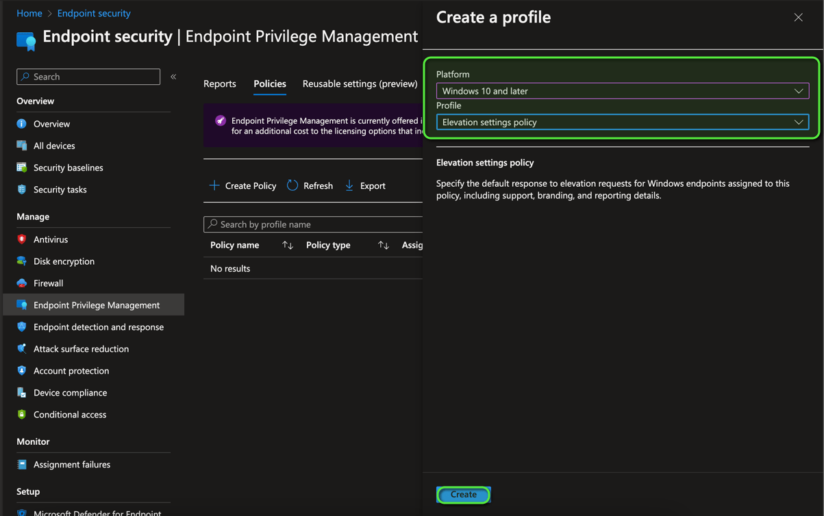Microsoft Intune Endpoint Privilege Management setup screen