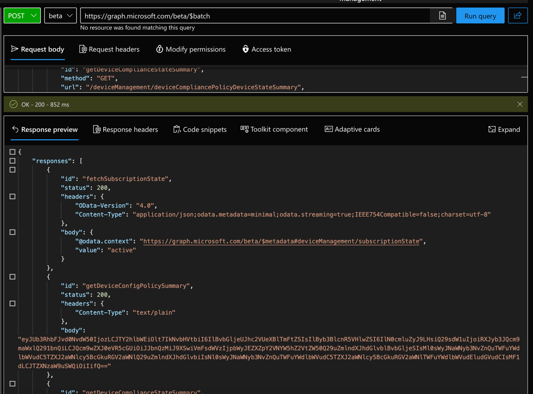 Graph Batch Endpoint response in Graph Explorer