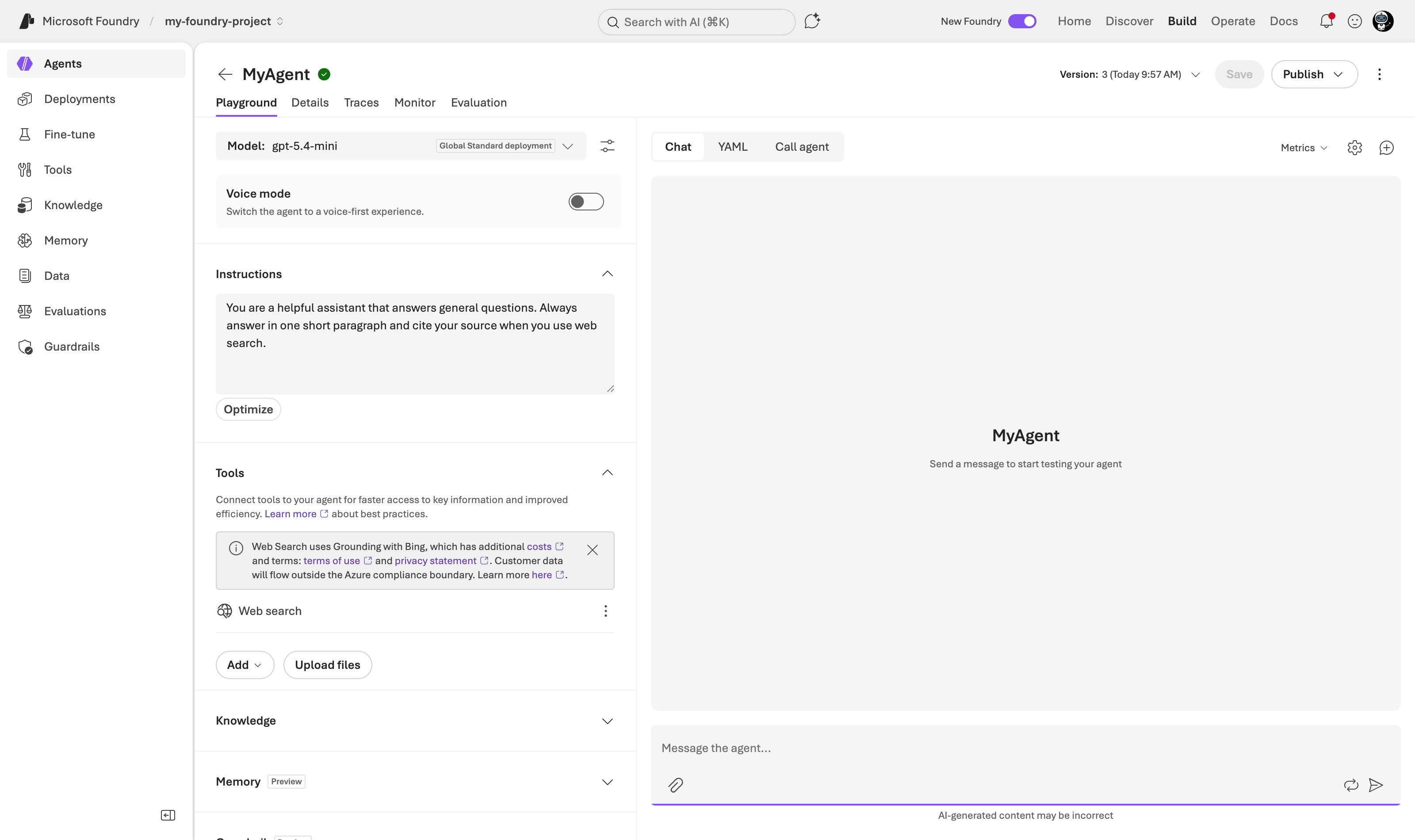 Agent editor with the Instructions field filled in, the model deployment selected and the