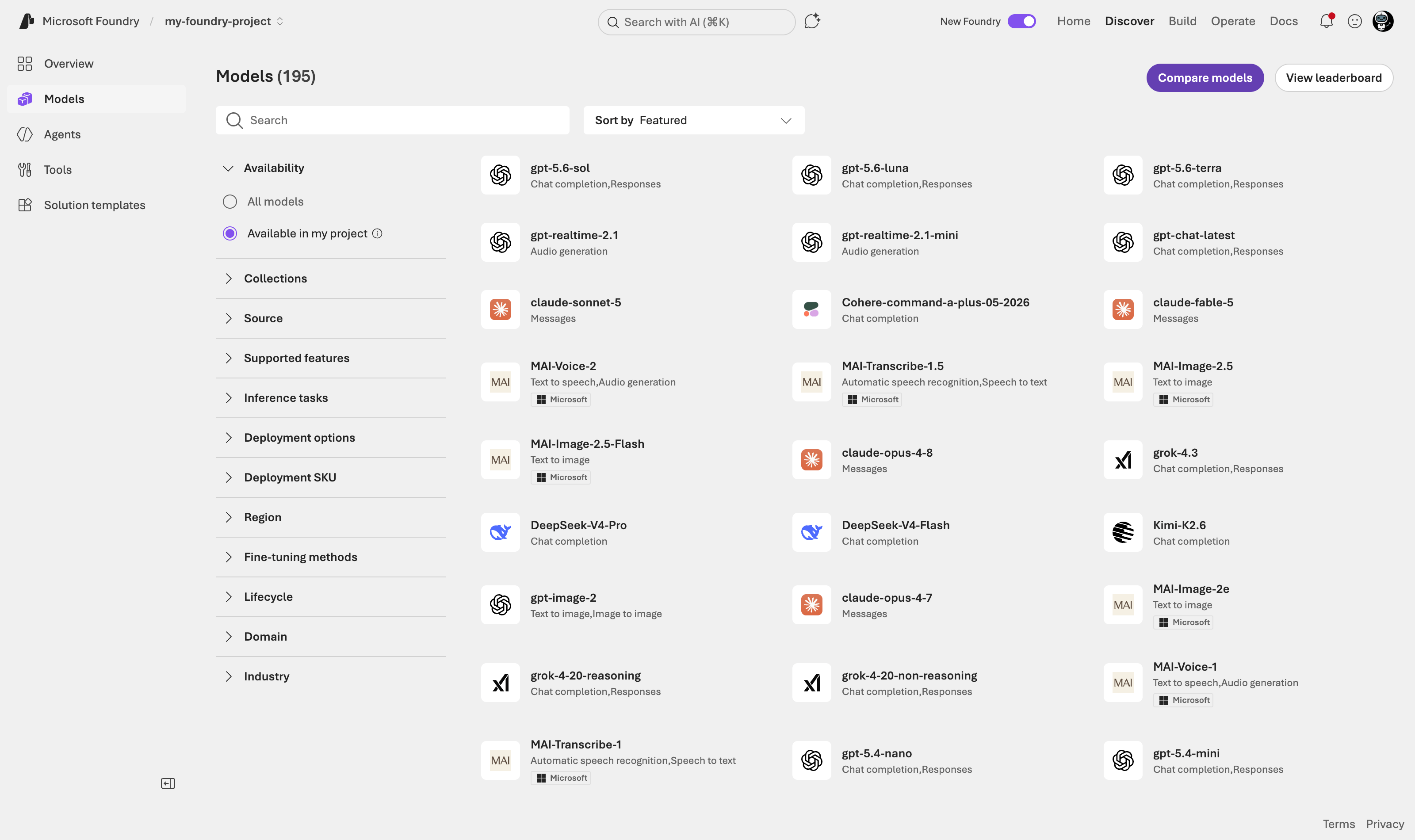 Foundry portal - Discover - Models — the model catalog with the Collection, Capabilities and