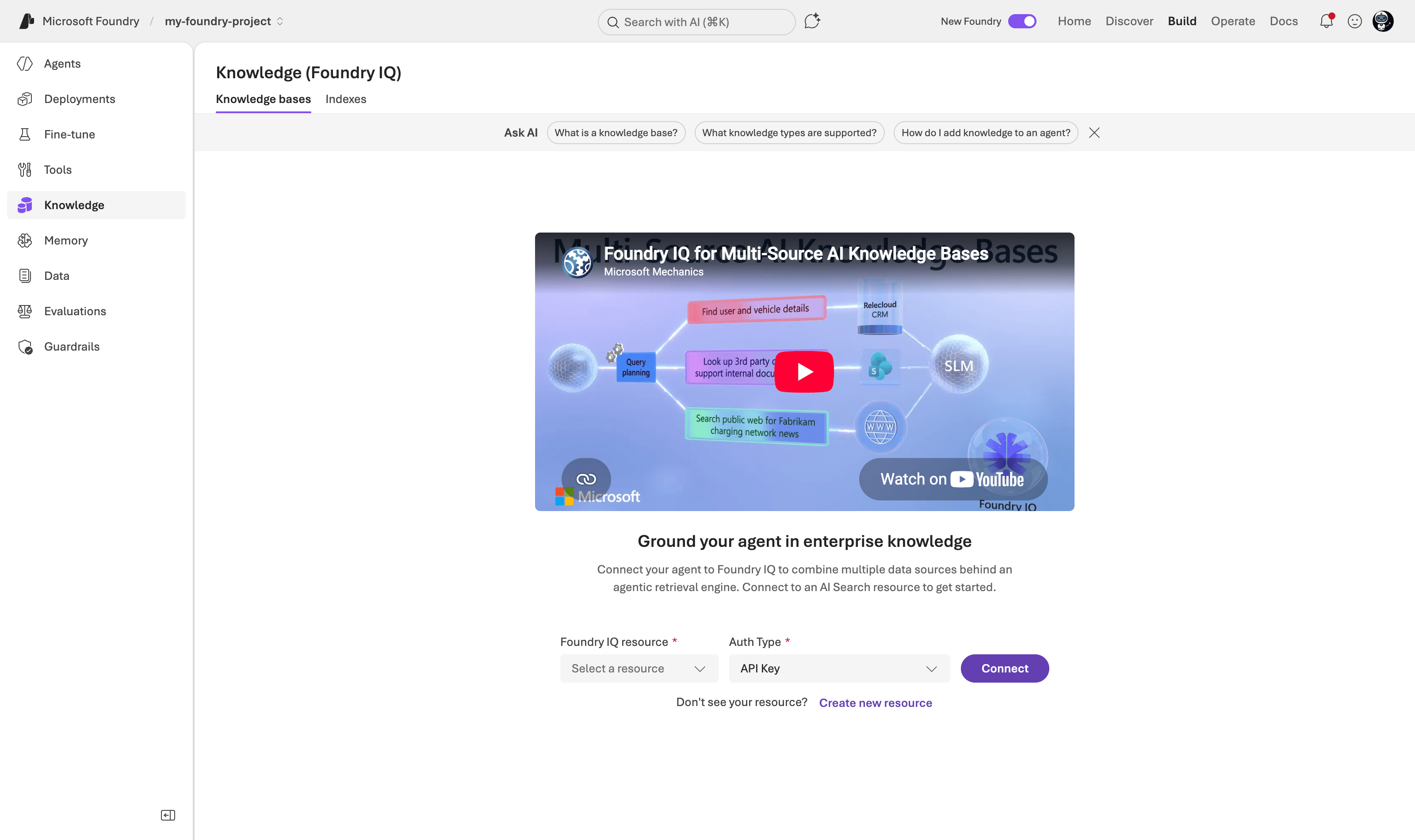 Foundry portal - project - Build - Knowledge tab — the knowledge base list or empty state with