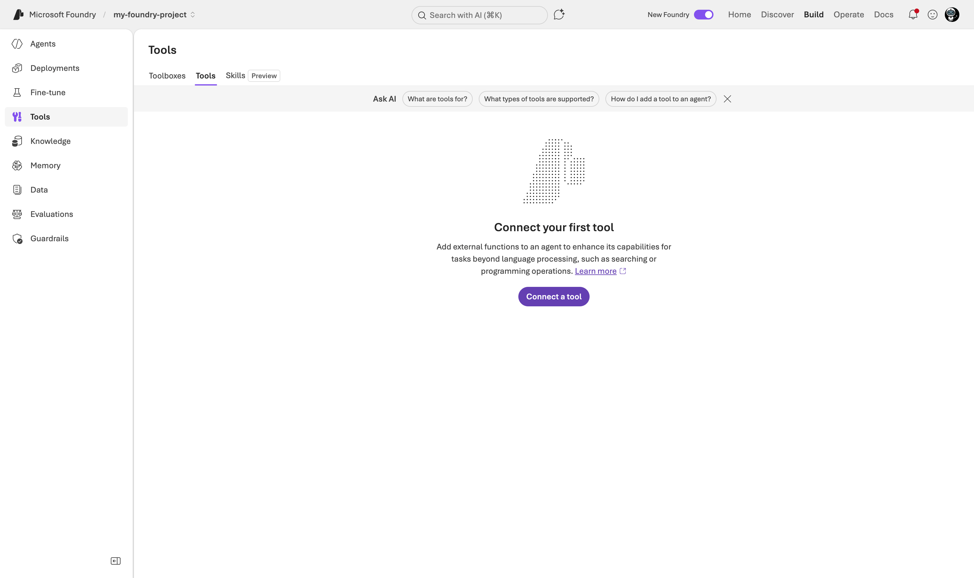 Foundry portal - Build - Tools catalog with the tool list and the Connect tool button