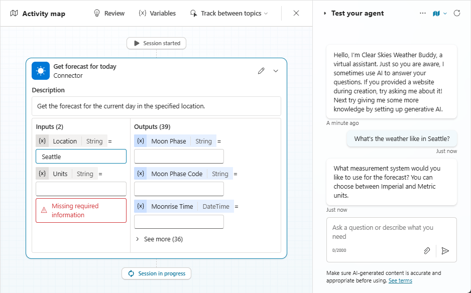 Copilot Studio activity map showing how the agent selects a tool during testing
