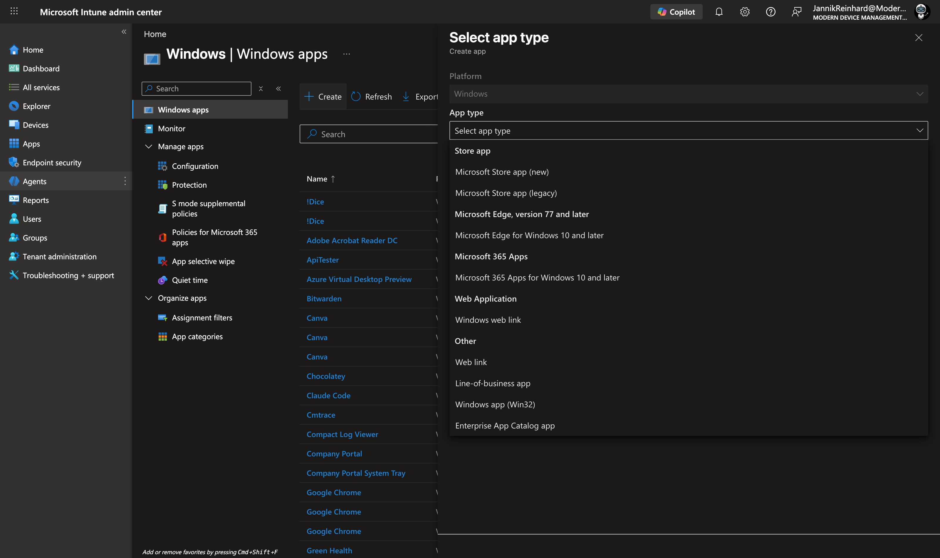 Intune admin center — Apps > All apps > Create, "Select app type" pane with Windows platform