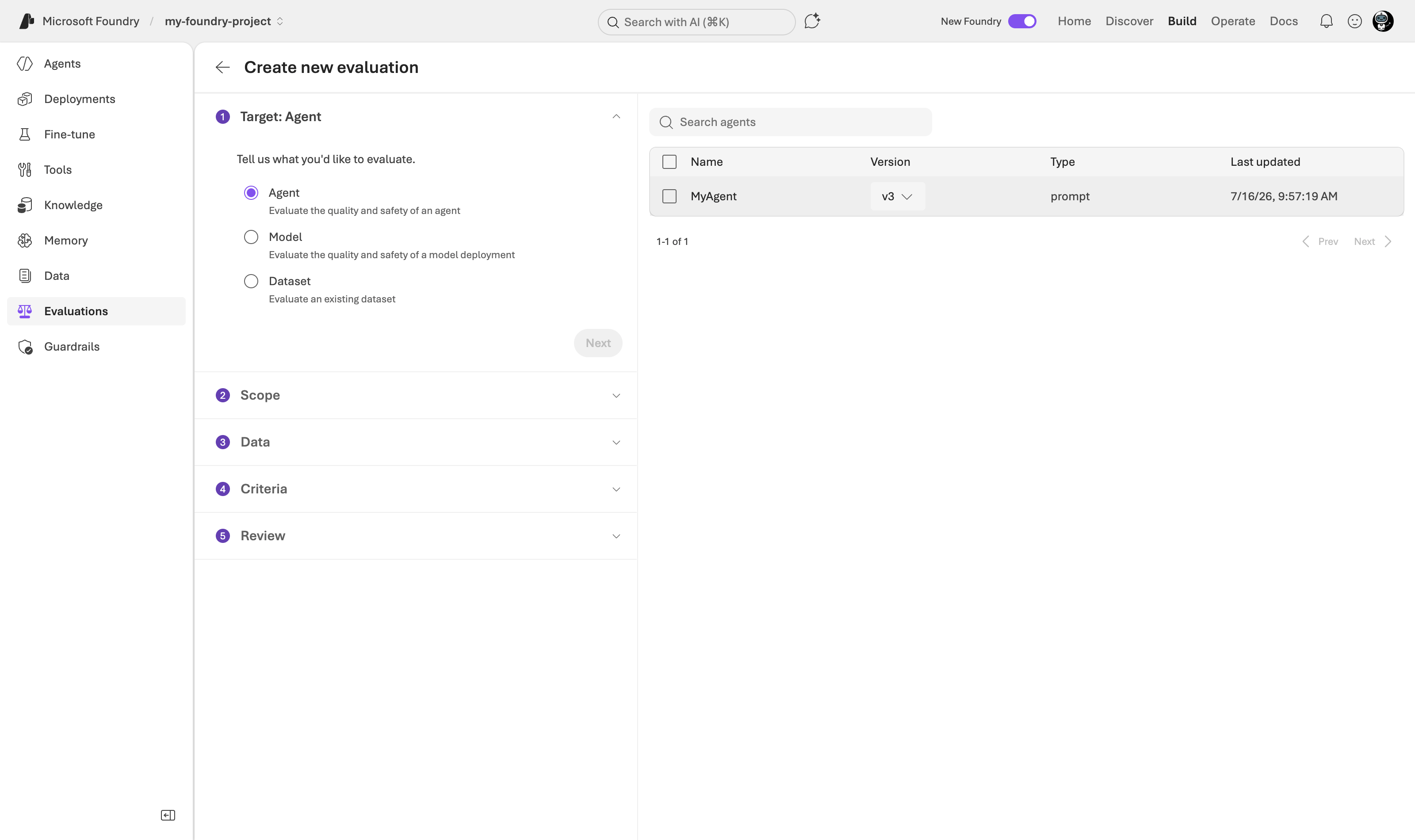 Evaluation wizard, first step with the target selection between agent, model and dataset, and