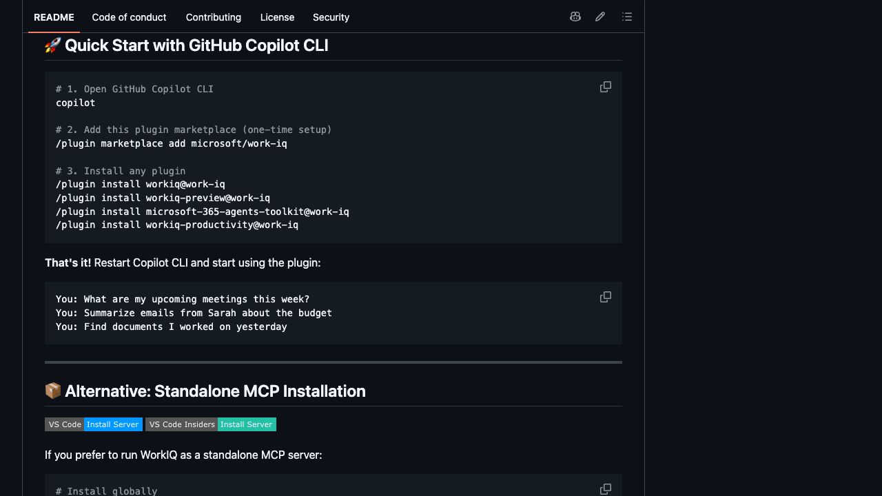 Microsoft Work IQ GitHub quick start showing Copilot CLI plugin installation and sample prompts