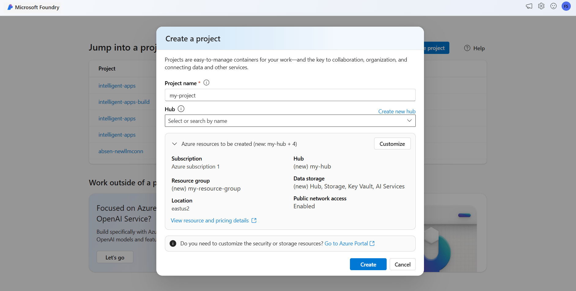 Microsoft Foundry Create a project dialog showing the project name, hub, resource group and location