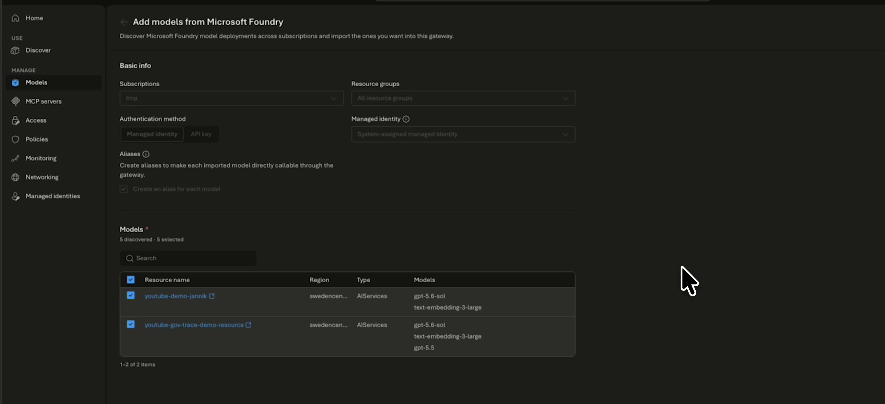 Azure AI Gateway model-import wizard showing Microsoft Foundry deployments and managed identity authentication