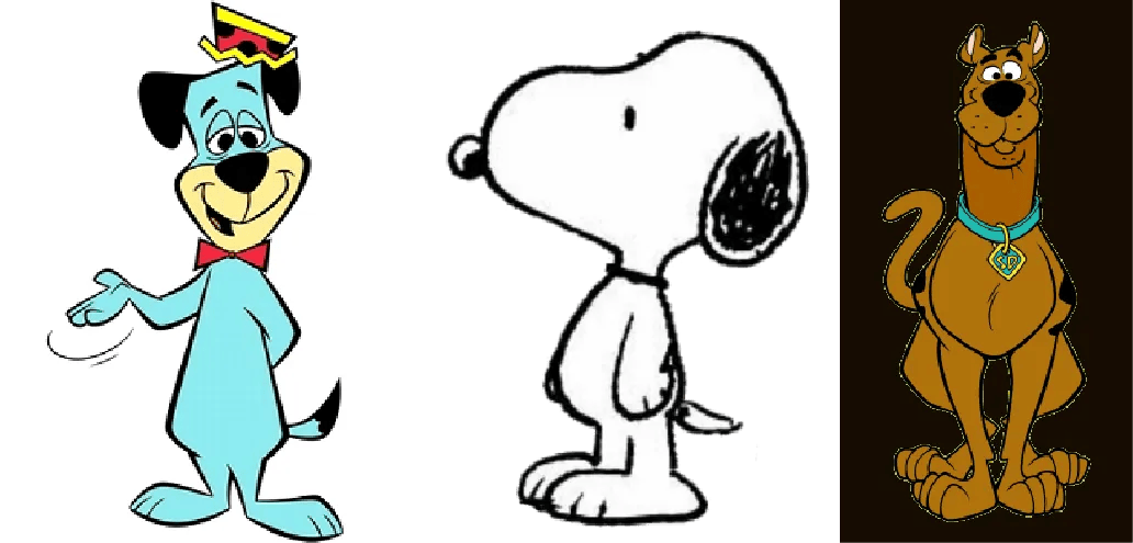 Three anthropomorphic cartoon dogs: Huckleberry Hound, Snoopy, and Scooby-Doo.
