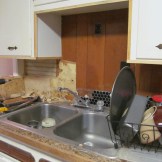 The remodel bug got the best of me and I tore off the paneling behind the sink, revealing some bead board (2/19)