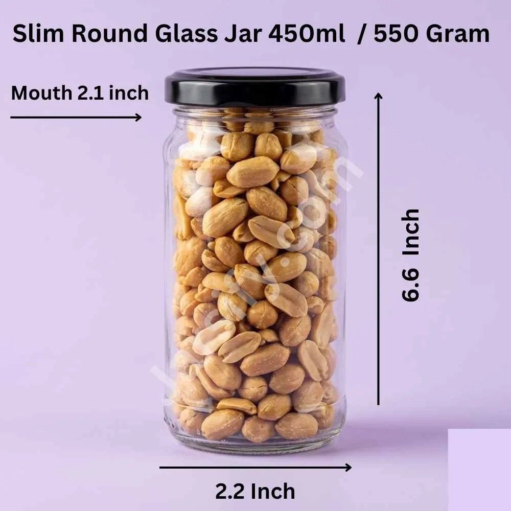 Slim round 450ml / 550g glass jar with black lid by Jarsify, ideal for storing nuts and dry foods.