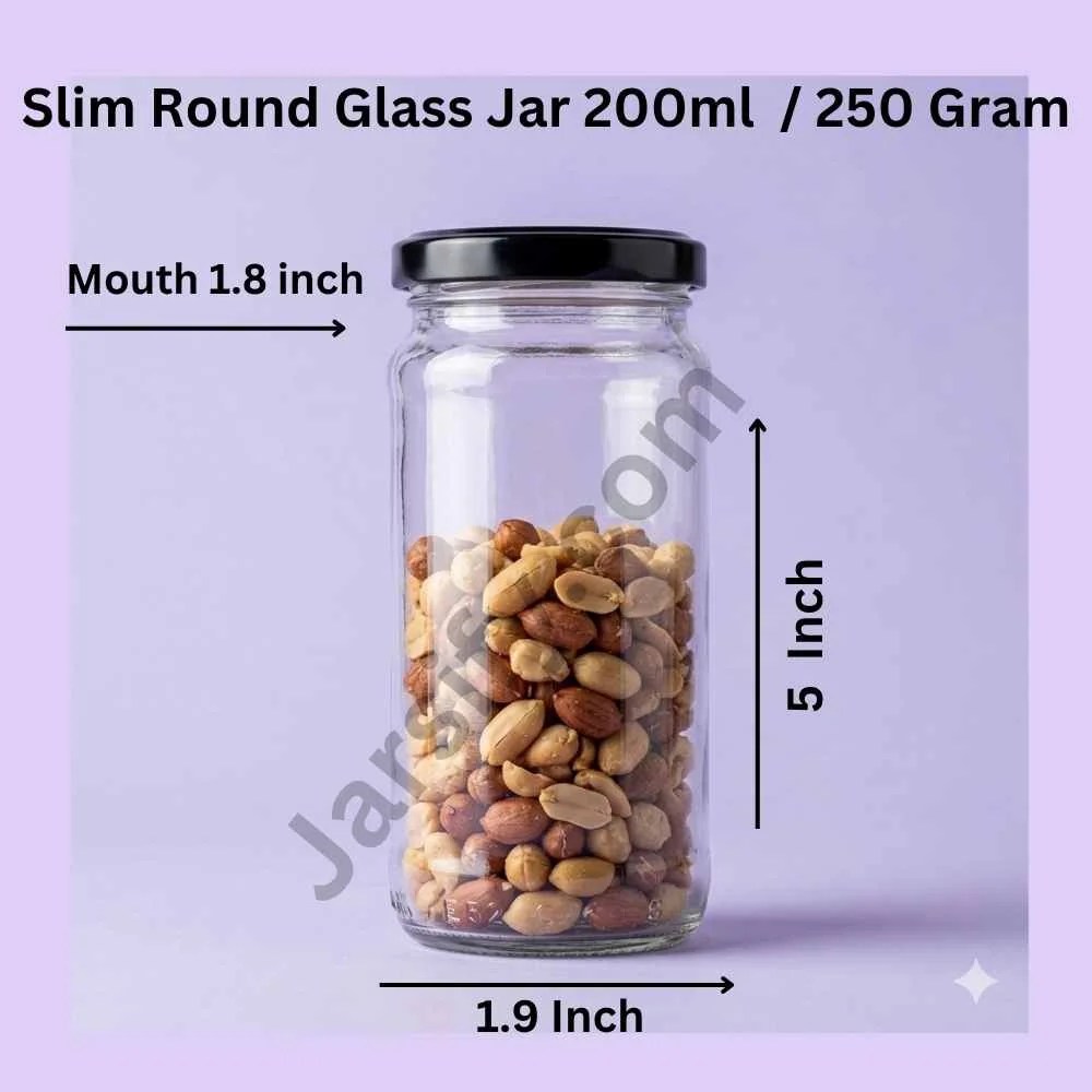 Airtight 200ml Slim Round Glass Jar with Black Metal Lid filled with whole almonds and peanuts on a light purple background for Jarsify Pakistan
