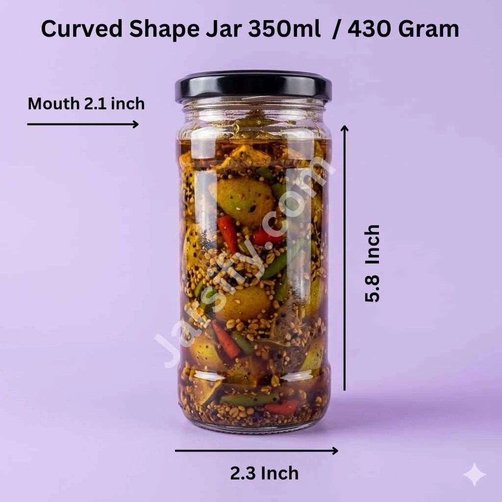 350ml curved shape glass jar with black lid filled with achar, ideal for pickles, honey, and food storage