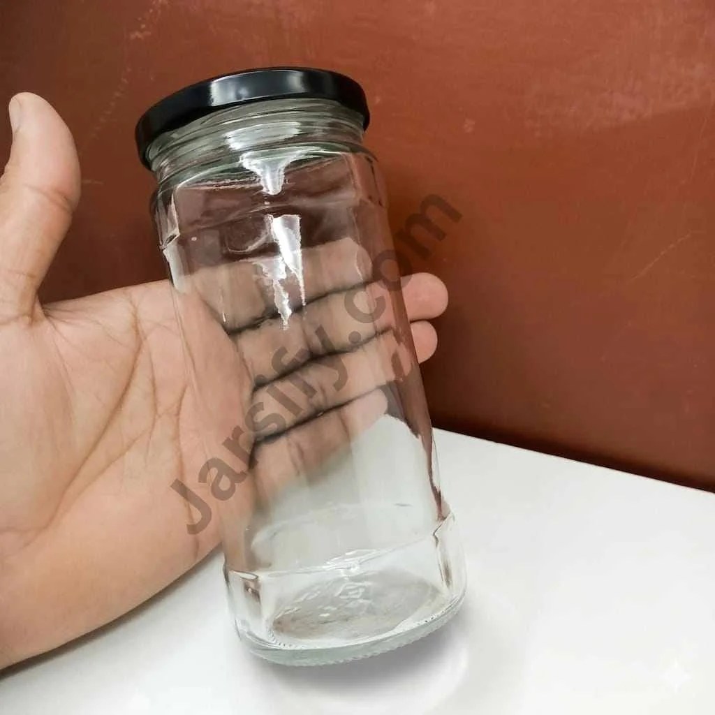 350ml curved shape glass jar with black lid filled with achar, ideal for pickles, honey, and food storage , jarsify