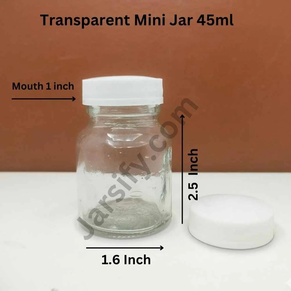 45ml transparent mini glass jar with white lid, small storage jar for samples, spices, and cosmetics