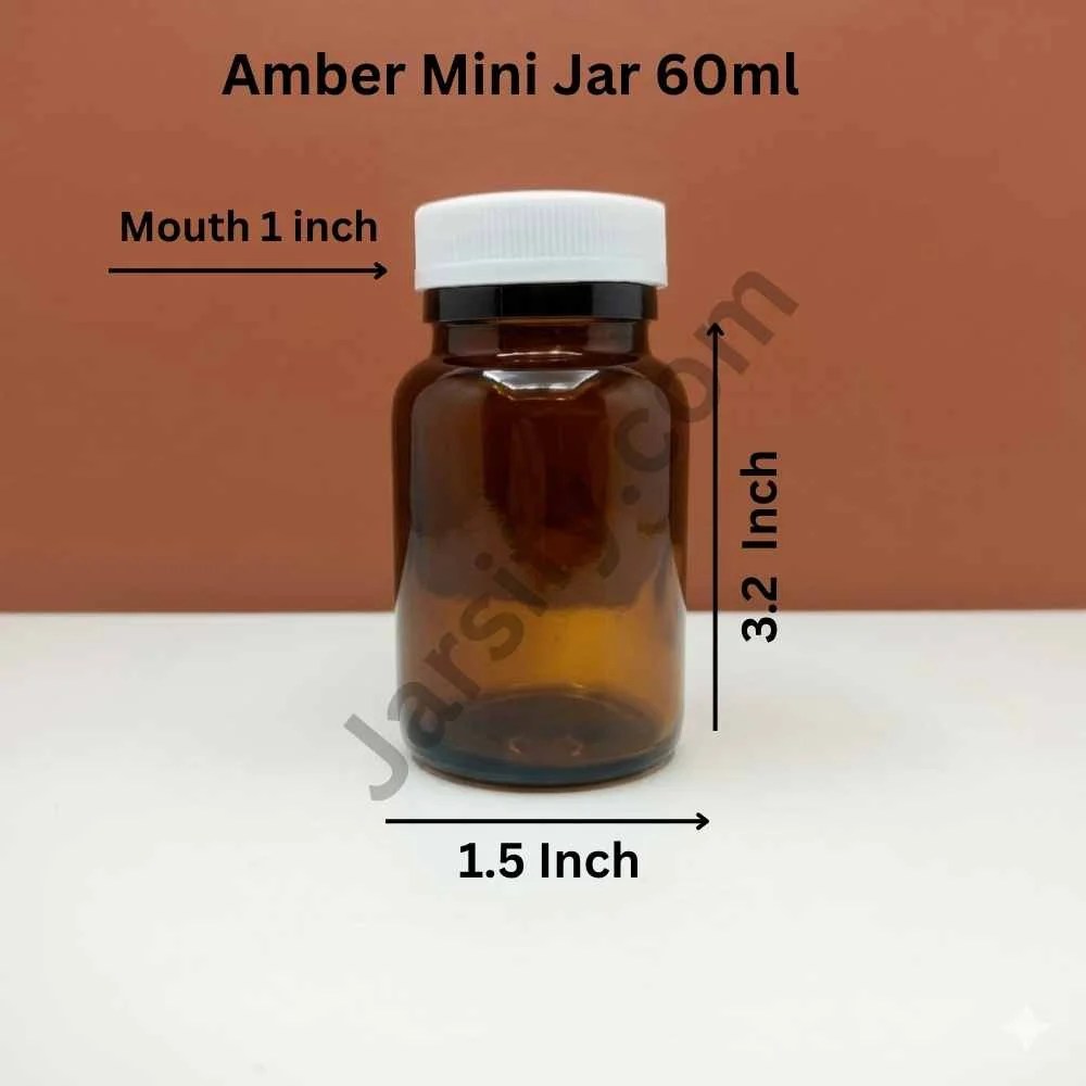 60ml amber glass mini jar with white cap, ideal for medicines, creams, and light-sensitive storage