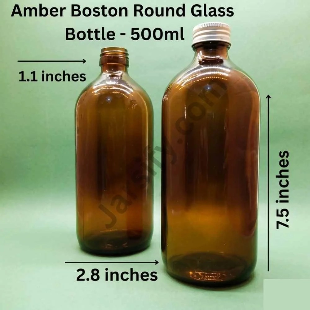 Amber Boston round glass bottle 500ml large size with screw cap for liquid storage and chemical use