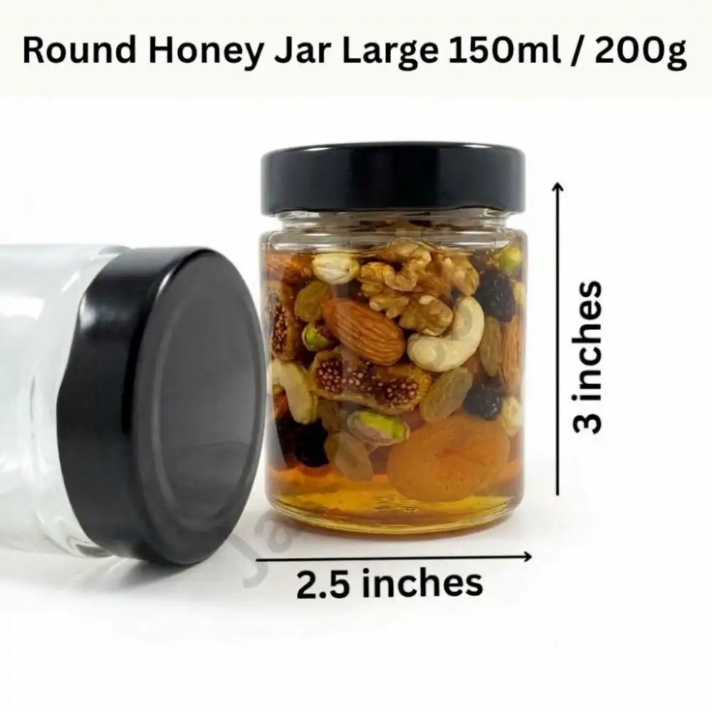 Premium 150ml round glass jar with airtight black lid. Sleek 3” x 2.5” design, ideal for honey, preserves, and DIY candle making. Shop quality jars at Jarsify. karachi pakistan