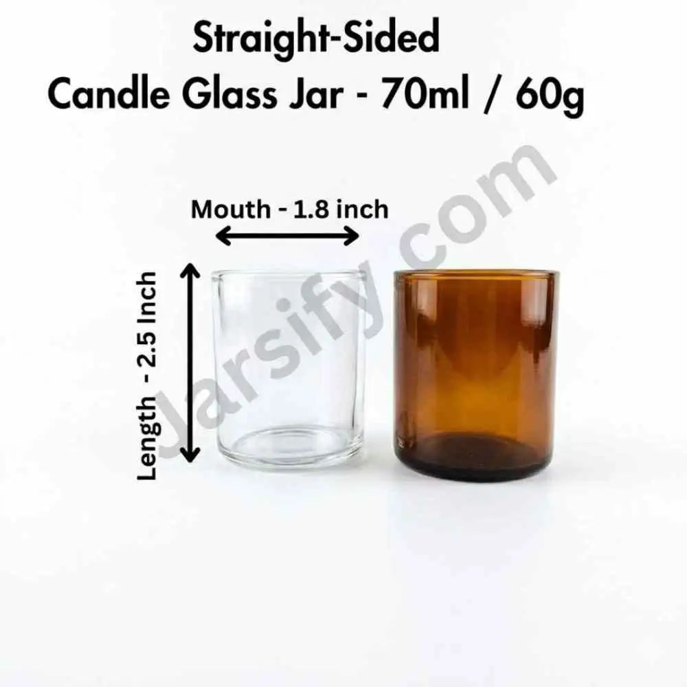 A high-quality comparison shot of two empty, straight-sided candle glass jars—one transparent clear and one deep amber. The image features professional dimension markings showing the mouth width and total length against a pure white background jarsify candle jar all size