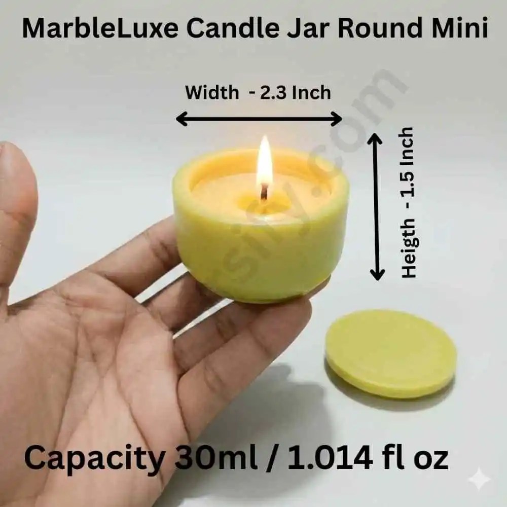 A close-up view of a person holding a small, solid yellow and multiple color and custom color matte-finish round concrete or stone candle jar, next to its separate flat circular lid. Text overlays show a height of 1.5 inches and width of 2.3 inches.