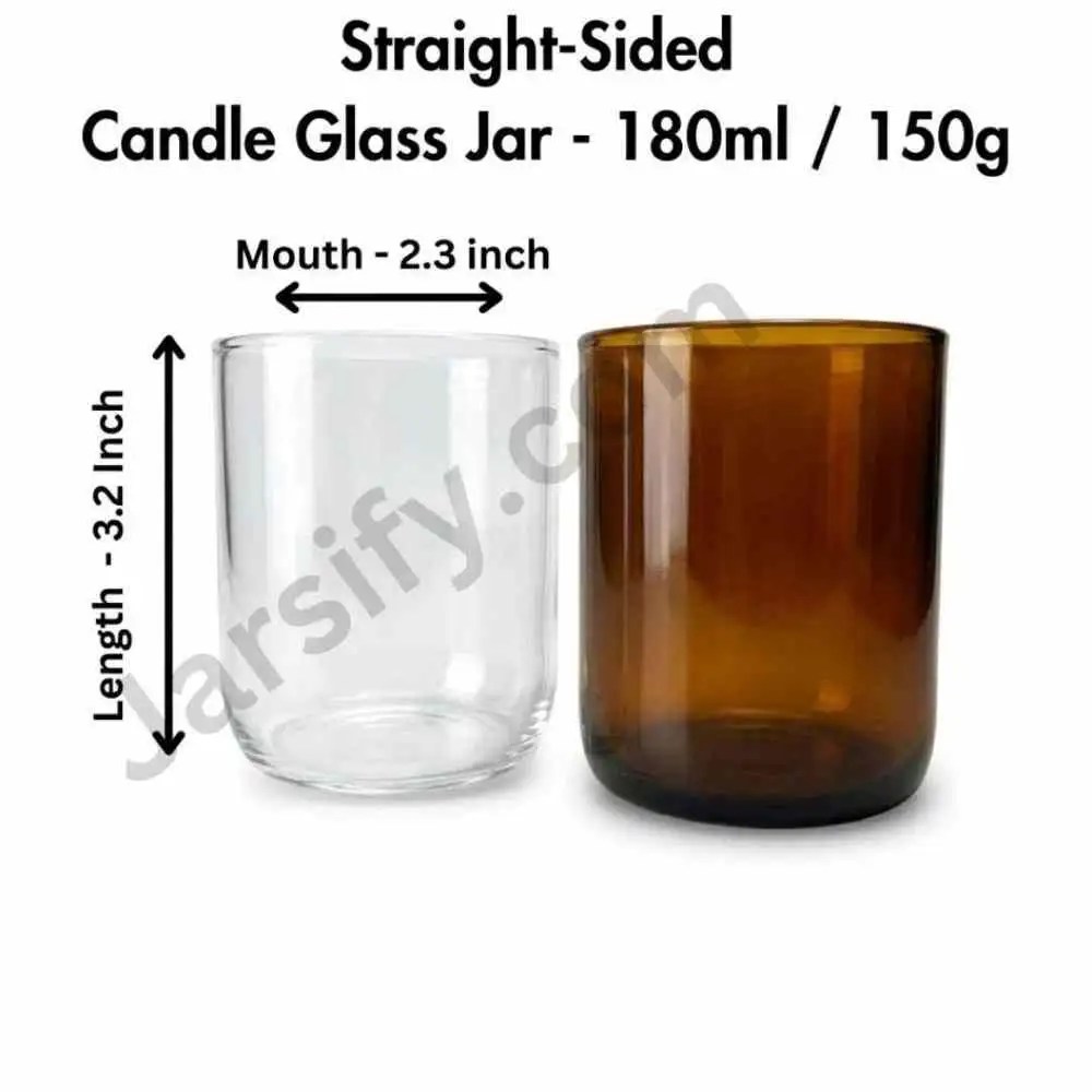 A high-quality comparison shot of two empty, straight-sided candle glass jars—one transparent clear and one deep amber. The image features professional dimension markings showing the mouth width and total length against a pure white background.