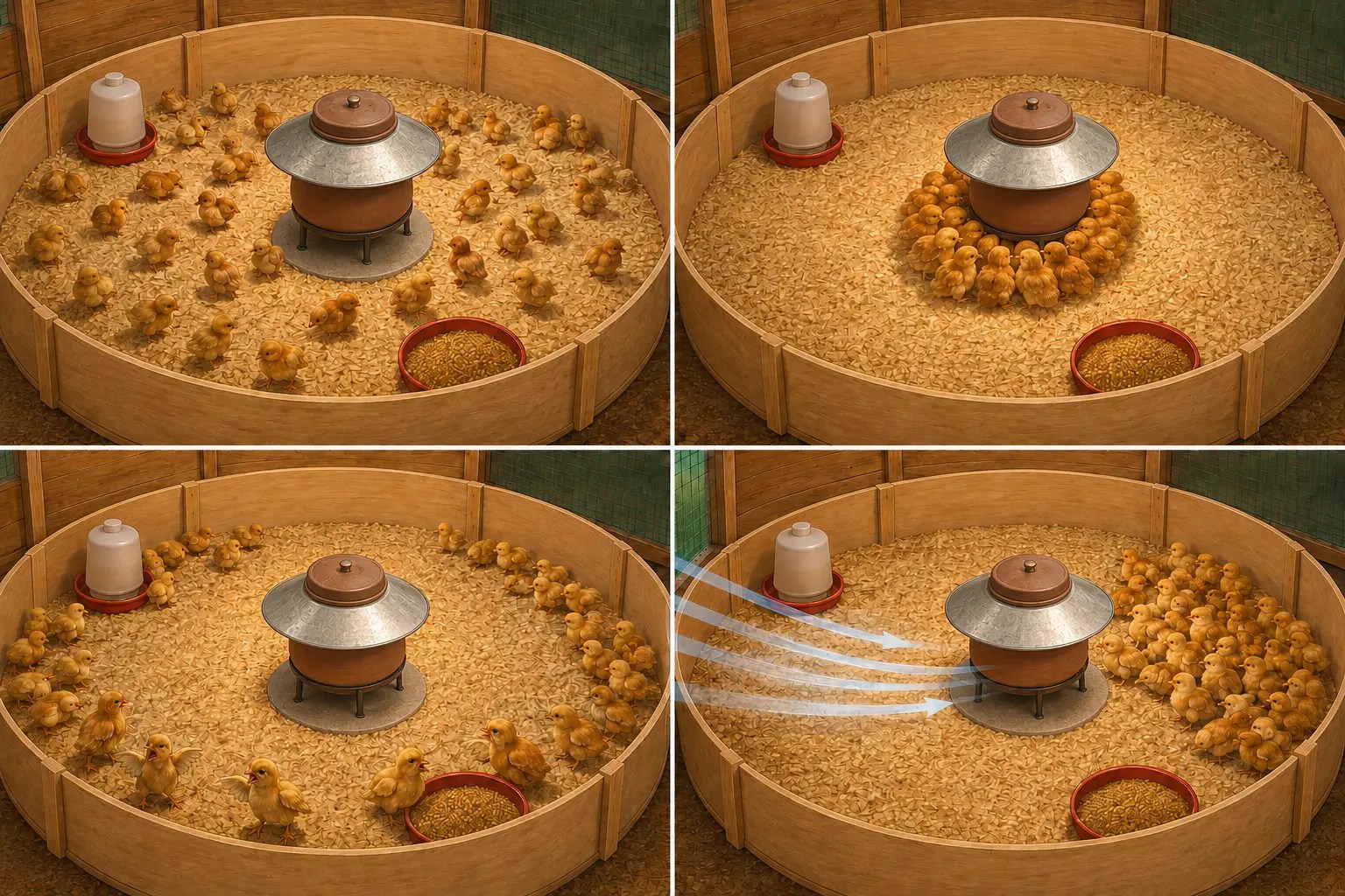 Chick behaviour showing comfort, cold, overheating and draught exposure