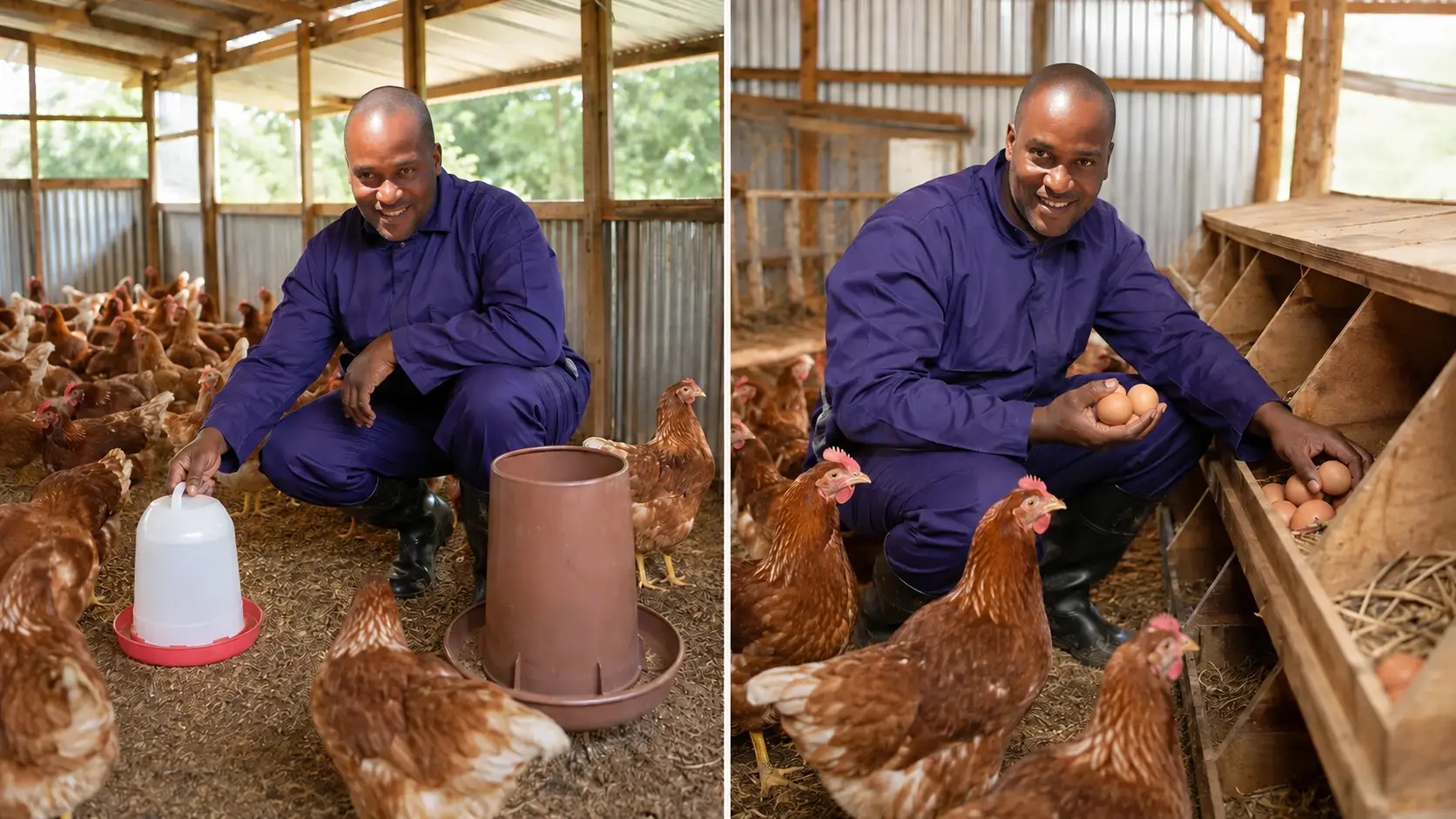 Farm manager inspecting healthy commercial brown layers and clean eggs / Meneja wa shamba akikagua layers wa kahawia wenye afya na mayai safi