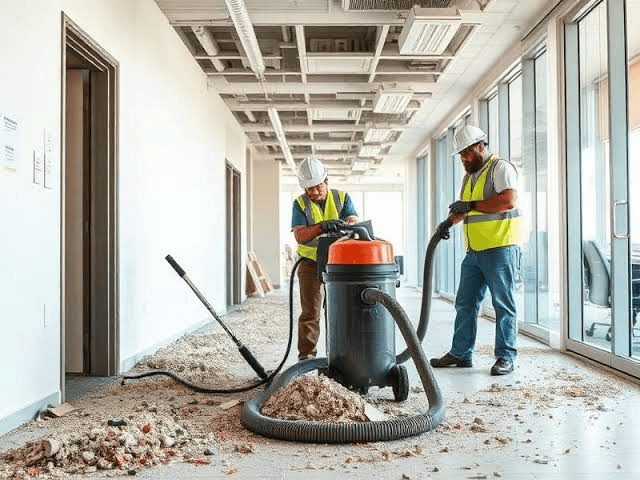 Two workers in hard hats and safety vests clean a dusty hallway with a vacuum and broom, following a post construction cleaning checklist.