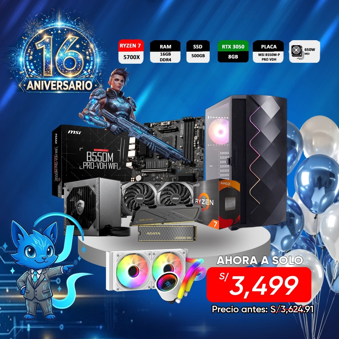 Pc RYZEN 7 5700X, RAM 16GB, SSD 500GB,RTX 3050 8GB,CASE DIAMOND