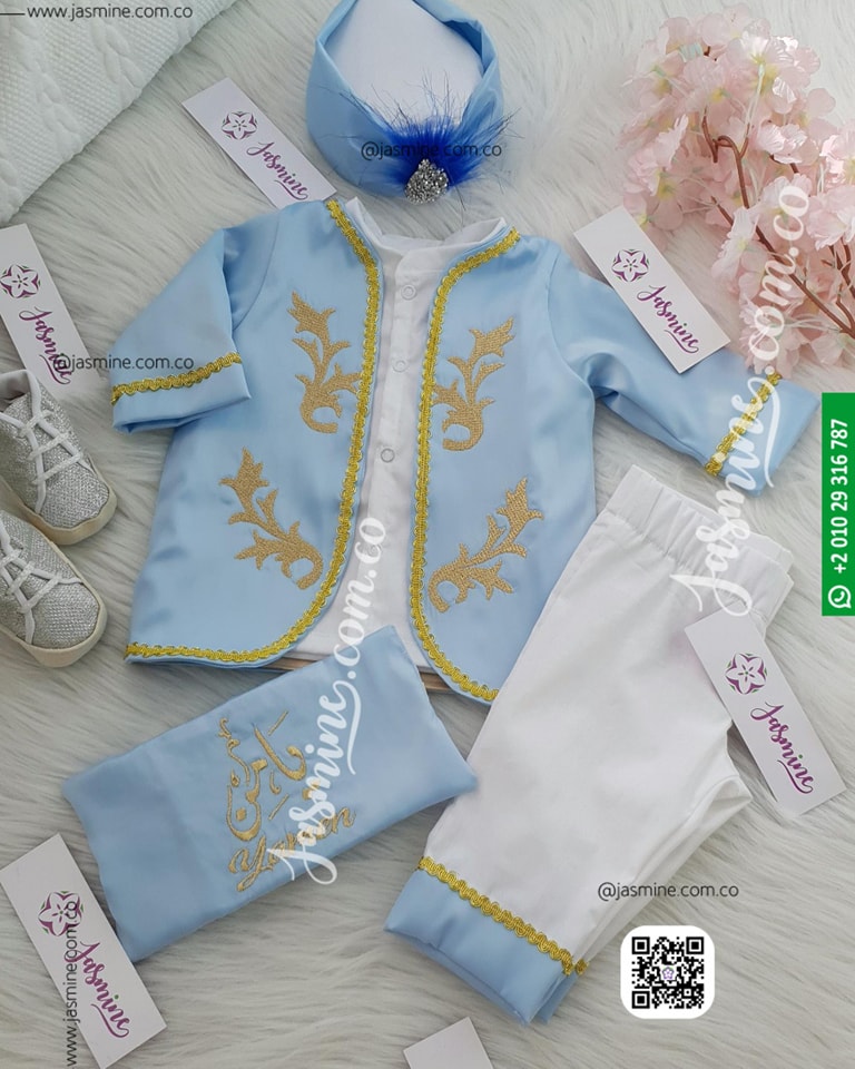 بدلة السلطان مع شوز (6 قطع) مُصنع بالاسم تصميم تطريز ذهبي غامق sultan baby set name - Image 3