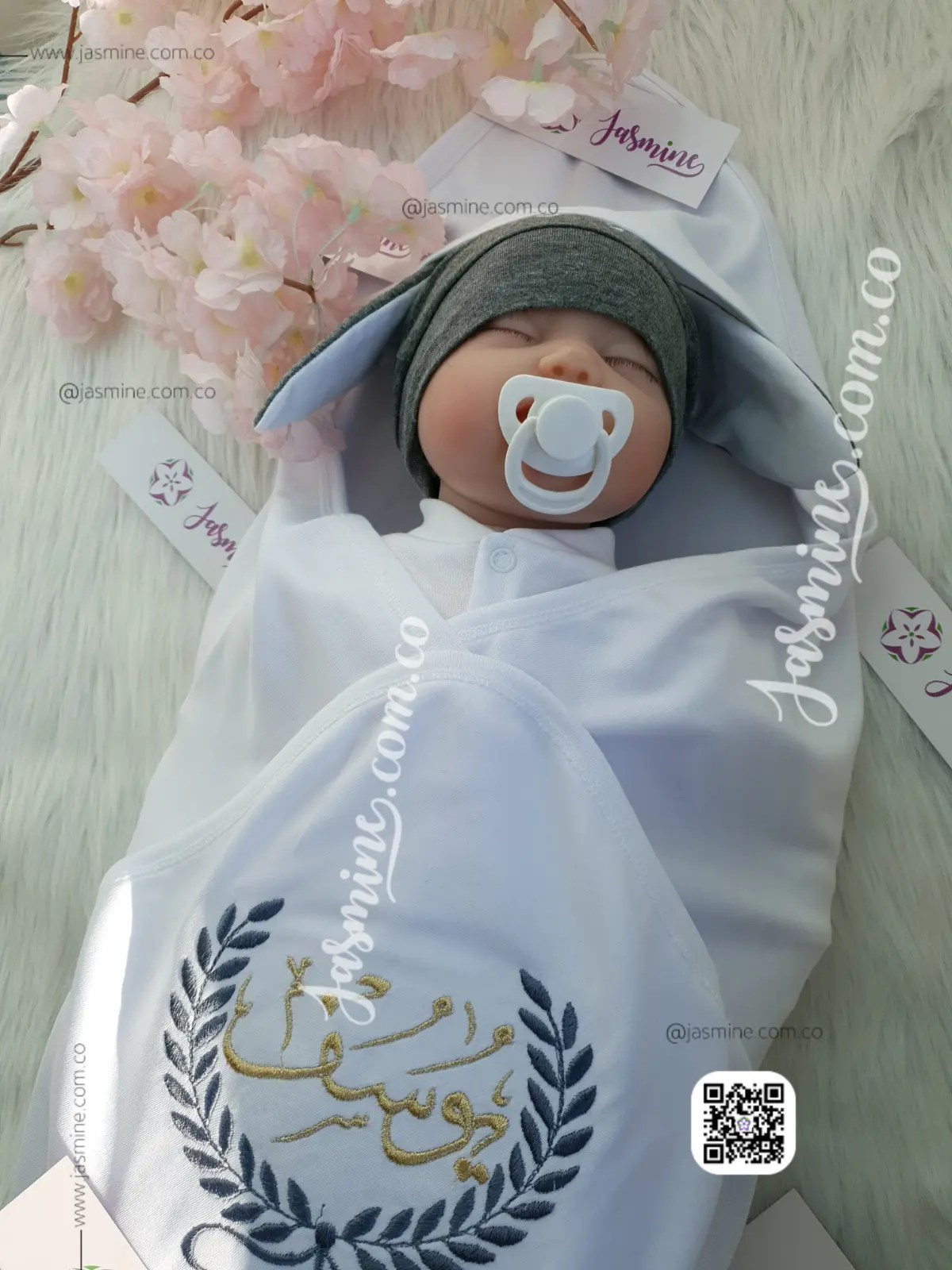 طقم ارنوب استقبال مولود تطريز 6 قطع قطن بيور (يوسف) جناحات بارزة
