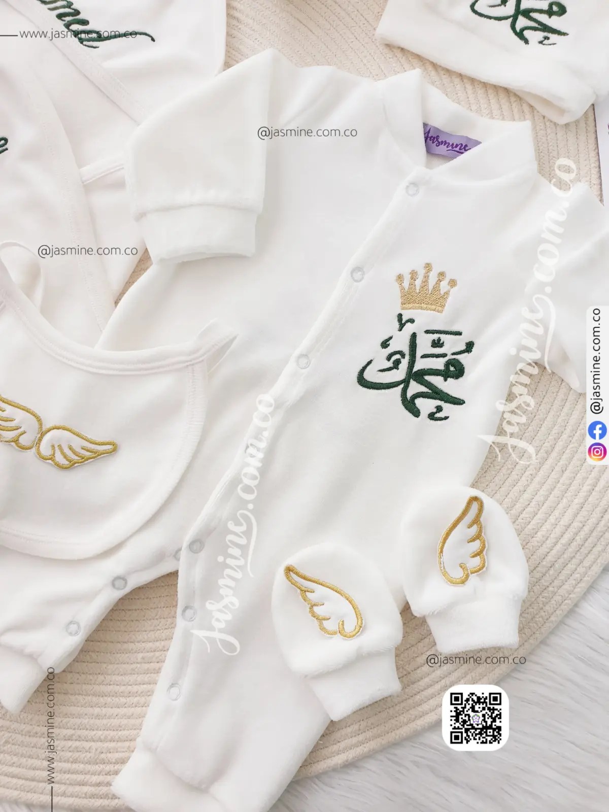 طقم مولود 6 قطع قطيفة اسم محمد newborn baby set cotton clothes embroidery name ( MOHAMED)