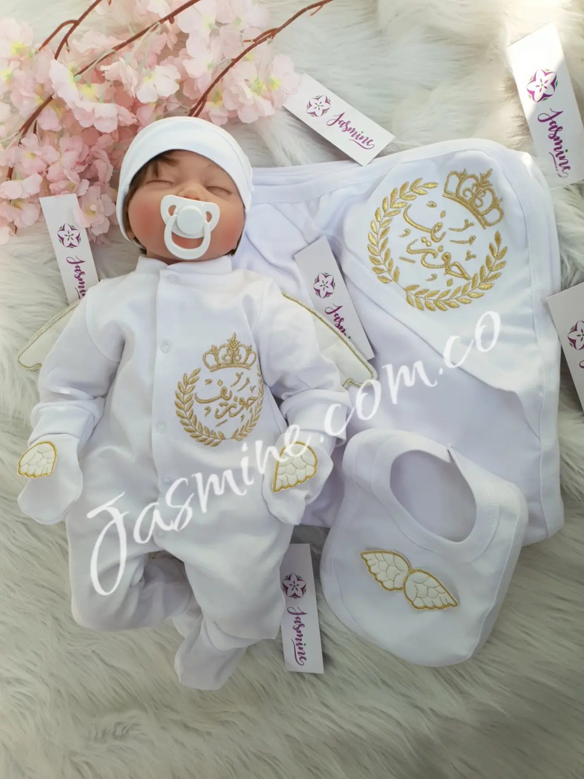 طقم استقبال مولود تطريز 6 قطع قطن صيفي (جوزيف Joseph) سنبلة جناحات بارزة